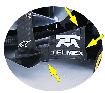 5. twin bargeboards, the larger inner one is wavy and has a cut. Both bargeboards and sidepod panels seem to have been copied directly from late last season 